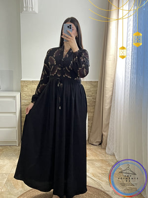 Robe noire élégante à motif floral luxueux - TopVetmentsDZ