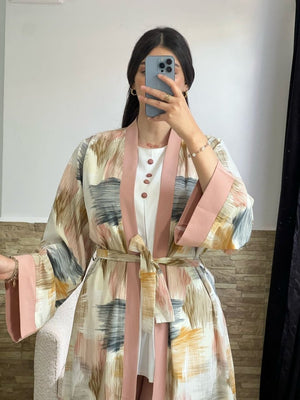 kimono en lin chemise blanc avec pantalon couleur uni - TopVetmentsDZ