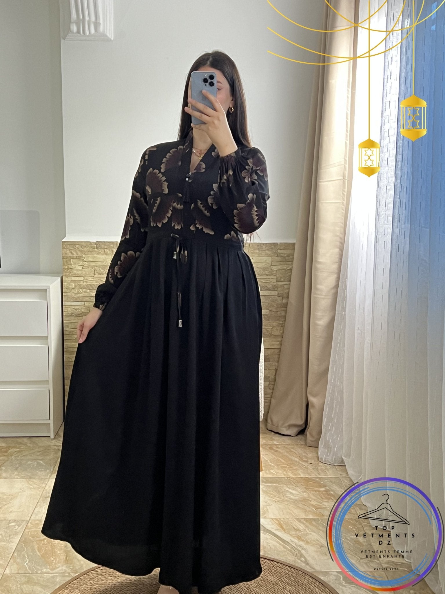 Robe noire élégante à motif floral luxueux - TopVetmentsDZ