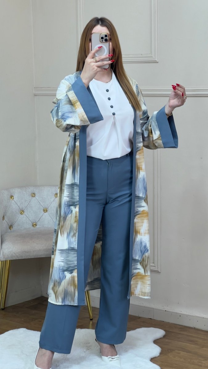 kimono en lin chemise blanc avec pantalon couleur uni - TopVetmentsDZ