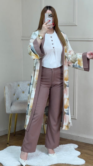 kimono en lin chemise blanc avec pantalon couleur uni - TopVetmentsDZ