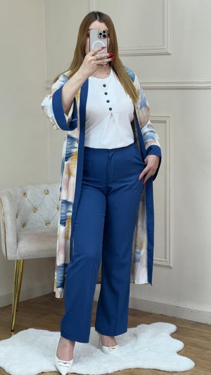 kimono en lin chemise blanc avec pantalon couleur uni - TopVetmentsDZ