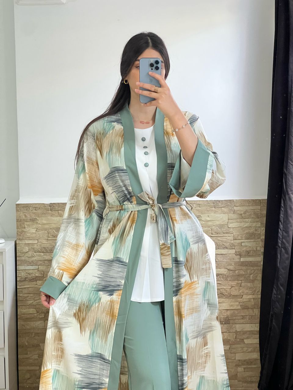 kimono en line chemise blanc avec pantalon couleur uni - TopVetmentsDZ
