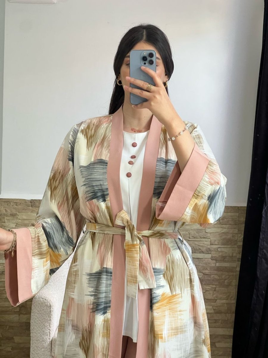 kimono en lin chemise blanc avec pantalon couleur uni - TopVetmentsDZ